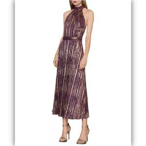 ML Monique Lhuillier Cocktail Dress Halter Purple Gold Metallic Midi Size 4 50"